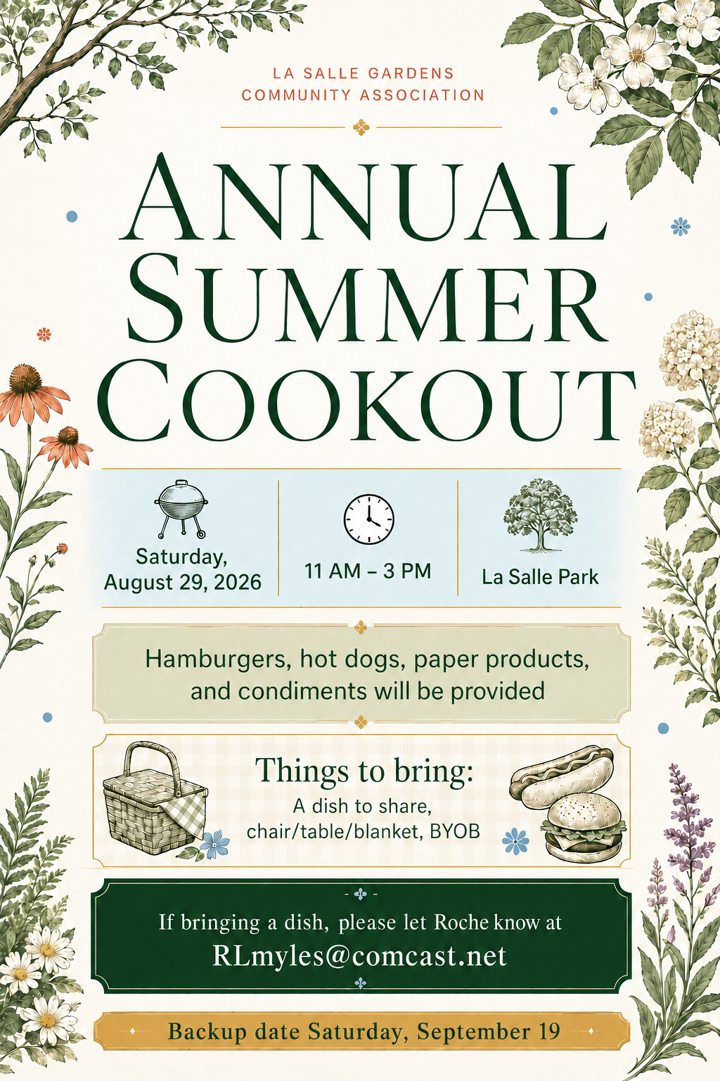 Summer Cook-Out flyer: Saturday, August 29, 2026, 11 AM to 3 PM at LaSalle Park